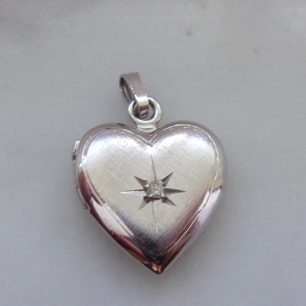 Vintage Sterling Heart Locket Pendant & Orbit X Ring Diamond Ring Sz. 9 Lot